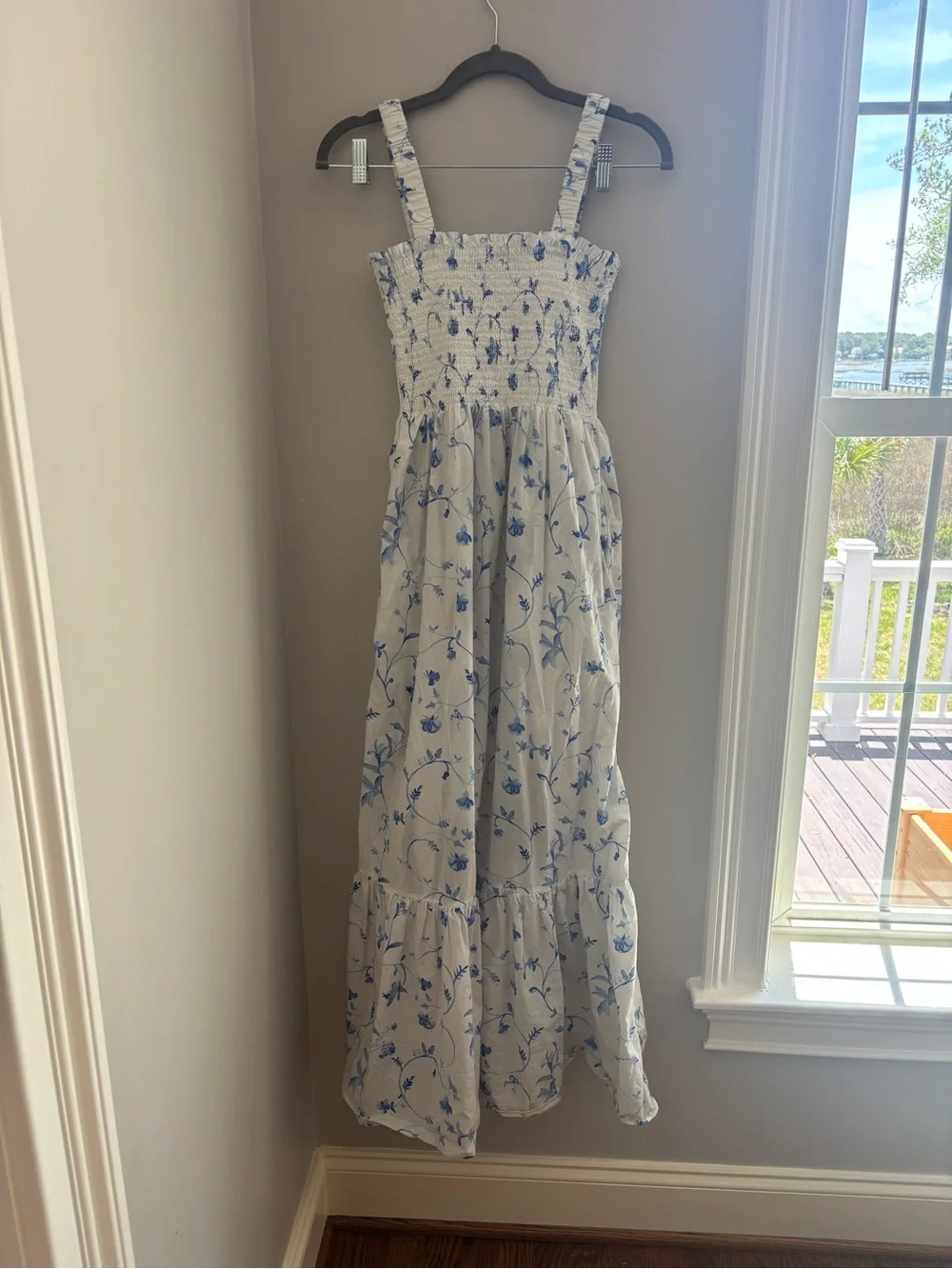 Hill House white dress with pale blue floral smocking and ruffle - Picture 3 of 3
